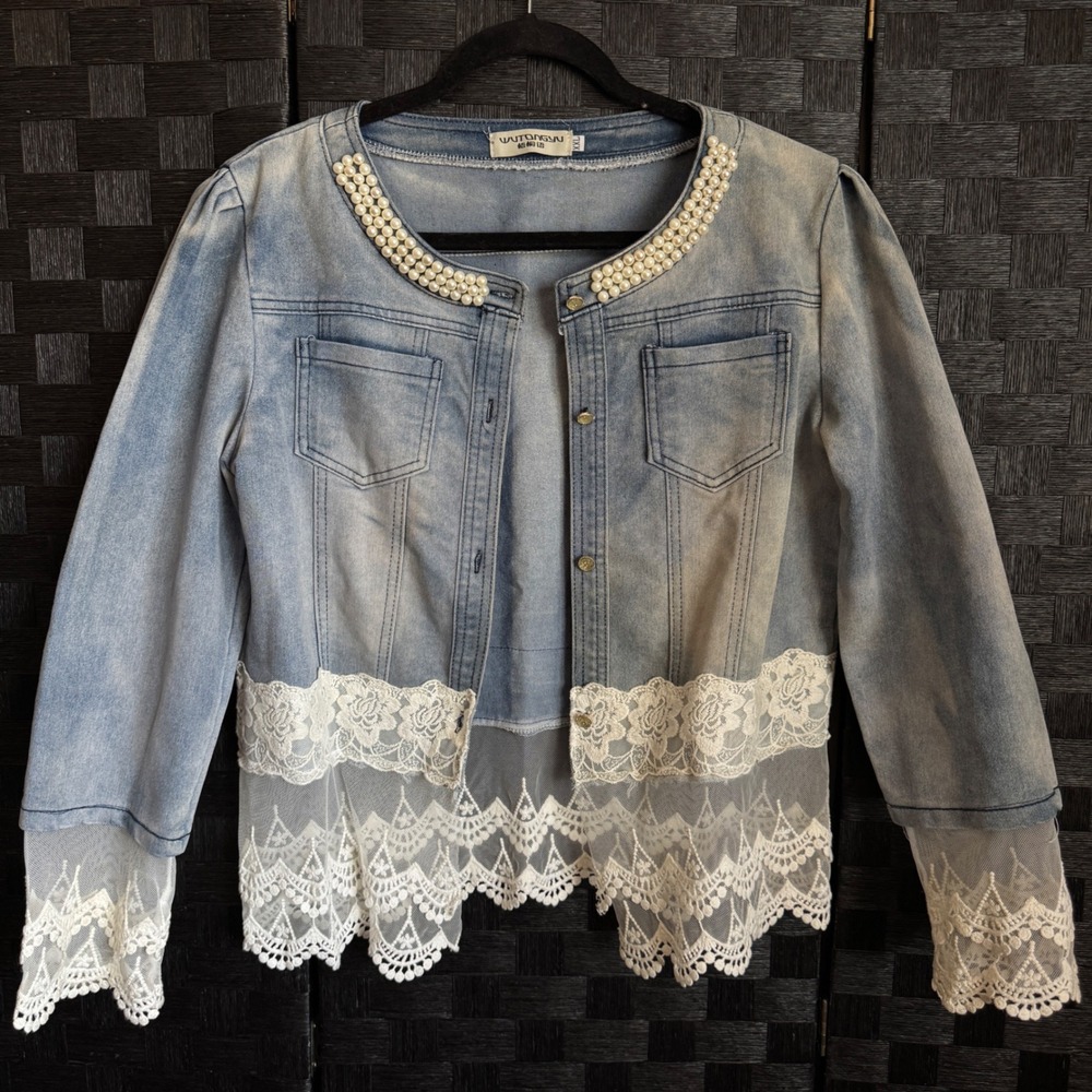 Wutongyu Denim Jacket Womens XXL Pearl Lace Romantic Coquette Cottagecore